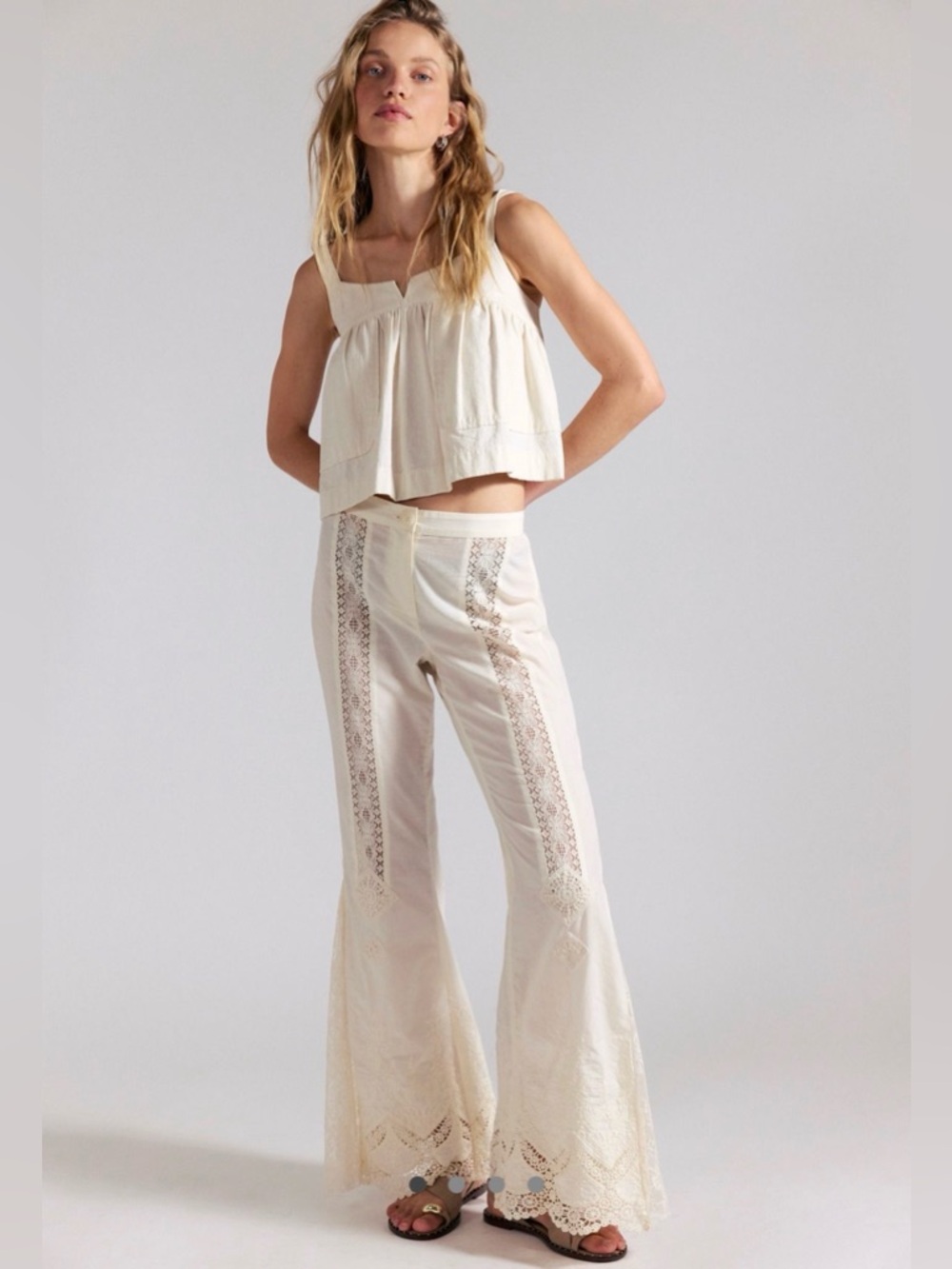 Free People Cream Lace-Panel Flare Pants